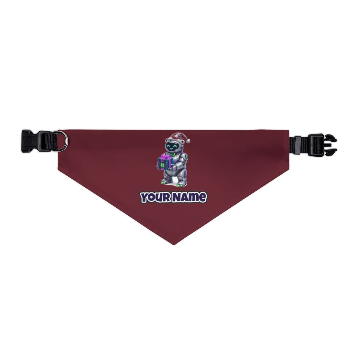 Robot Polar Bear personalised Christmas pet bandana in maroon, collar with buckle