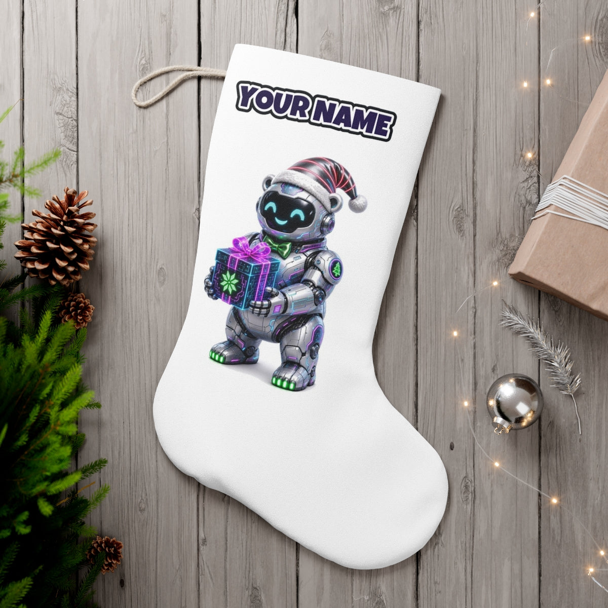 Robot Polar Bear personalised Christmas stocking, white, with the name across the top