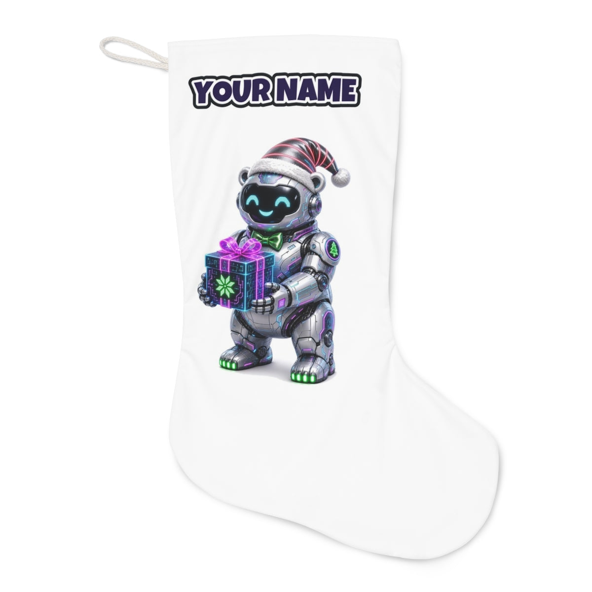 Robot Polar Bear Christmas stocking laid flat, showing the full print