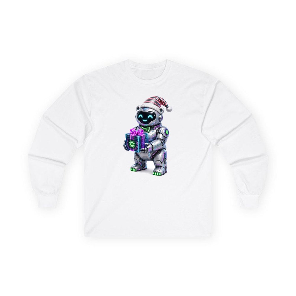 Robot Polar Bear personalised long sleeve Christmas T-shirt in white