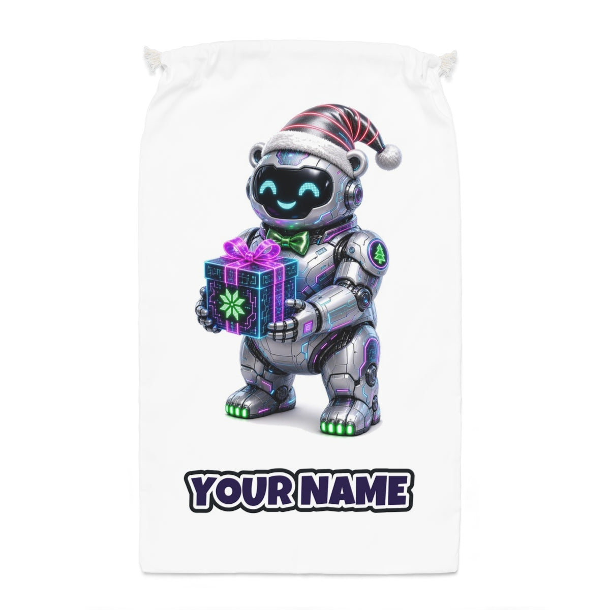 Robot Polar Bear Santa sack laid flat, showing the full print