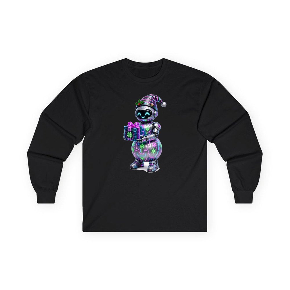 Robot Snowman personalised long sleeve Christmas T-shirt in black