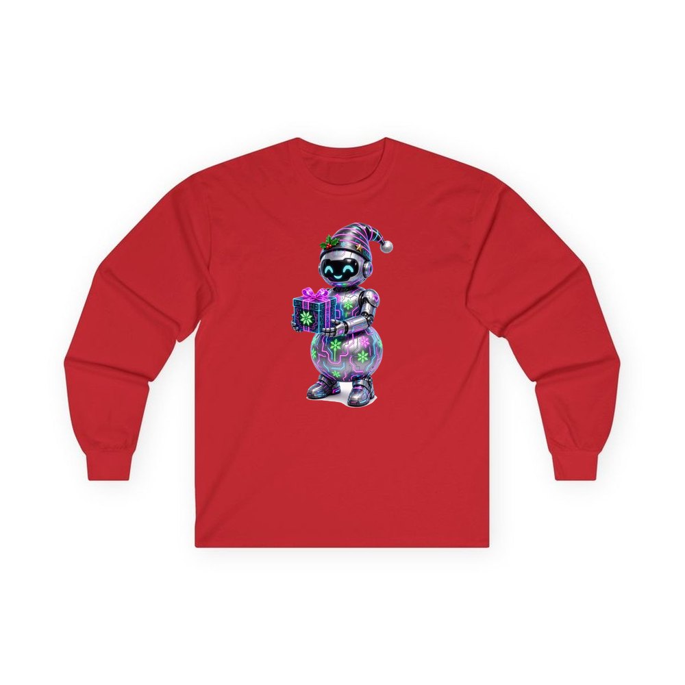 Robot Snowman personalised long sleeve Christmas T-shirt in red