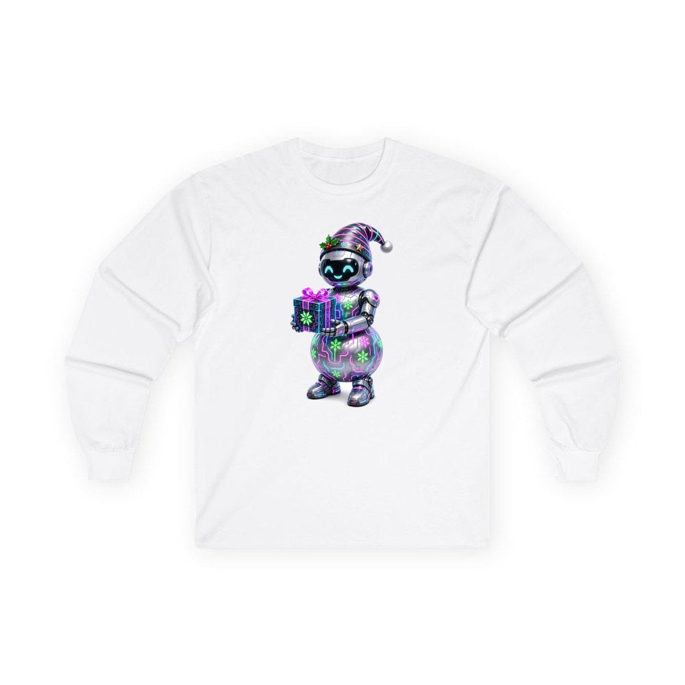 Robot Snowman personalised long sleeve Christmas T-shirt in white