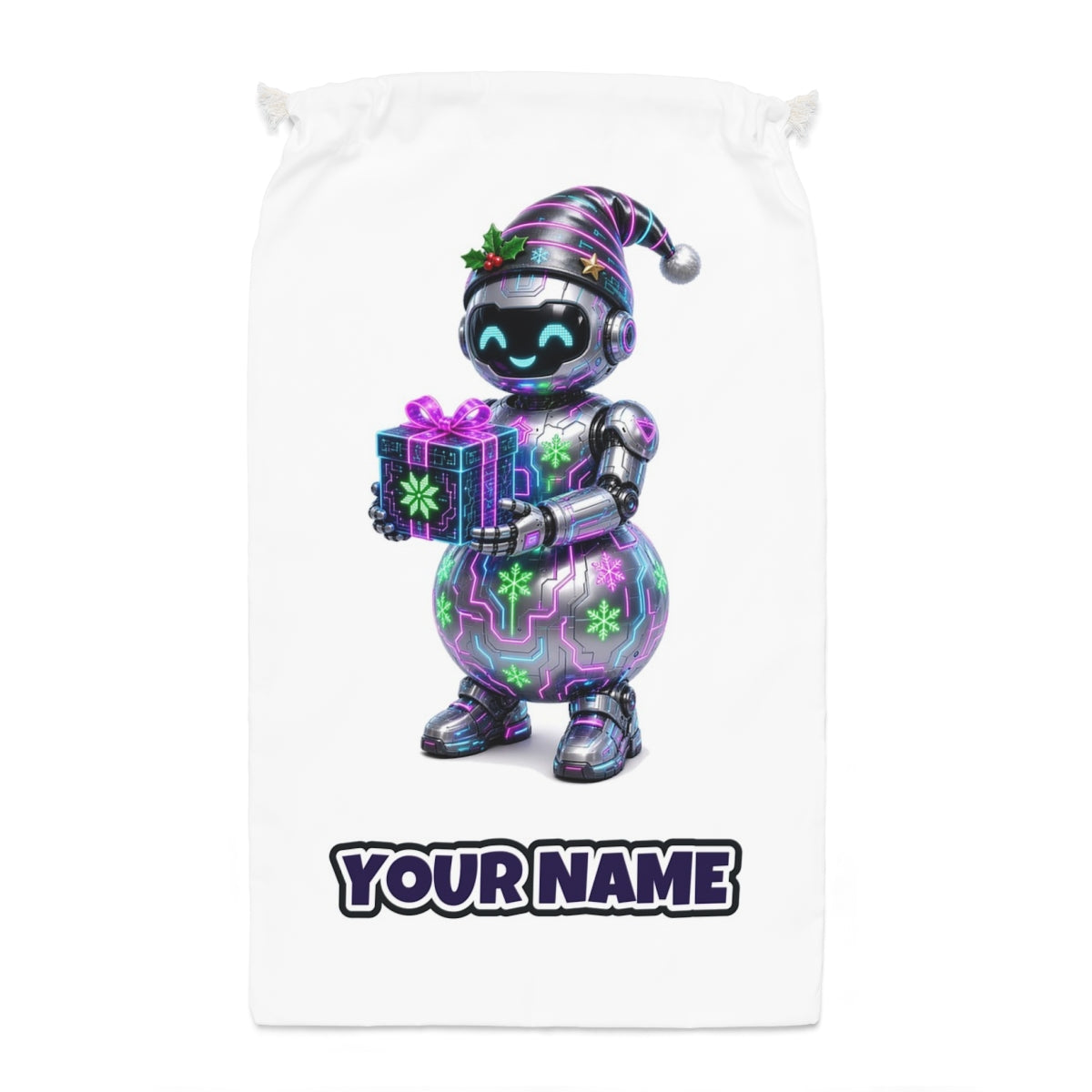 Robot Snowman Santa sack laid flat, showing the full print