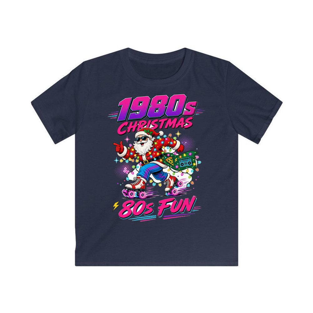 Roller Skating Eighties Santa personalised kids Christmas tee in navy