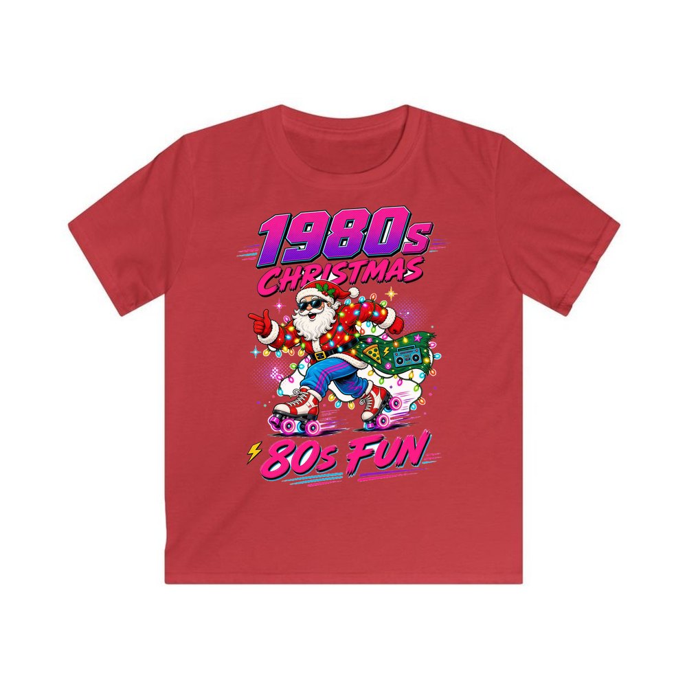 Roller Skating Eighties Santa personalised kids Christmas tee in red