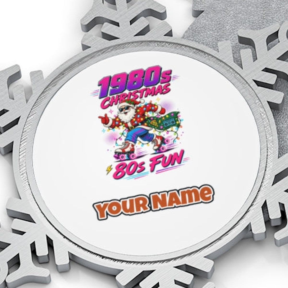 Roller Skating Eighties Santa Personalised Pewter Christmas Ornament