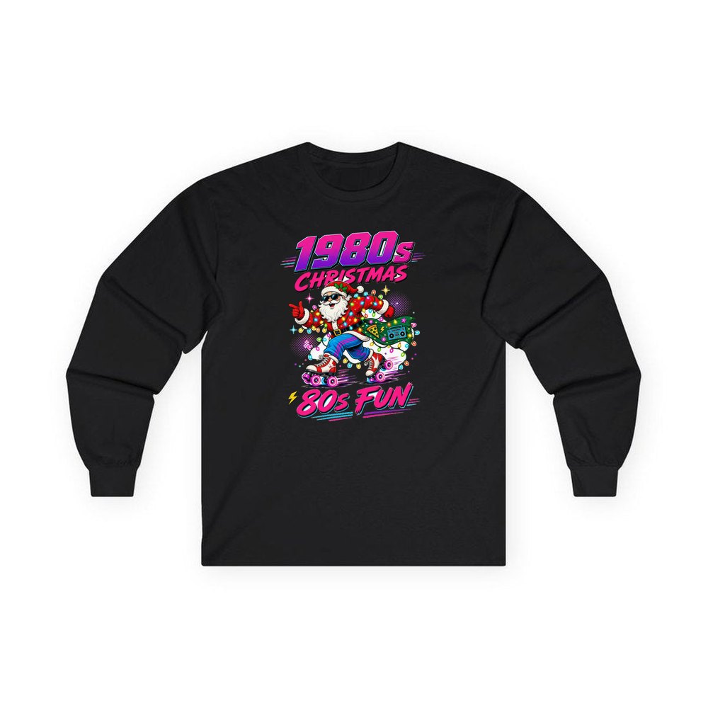 Roller Skating Eighties Santa personalised long sleeve Christmas T-shirt in black