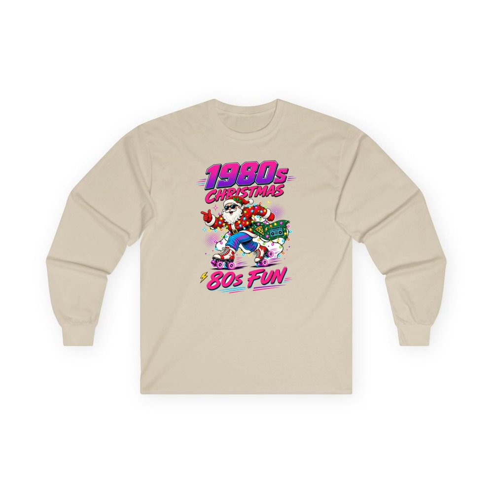 Roller Skating Eighties Santa personalised long sleeve Christmas T-shirt in sand