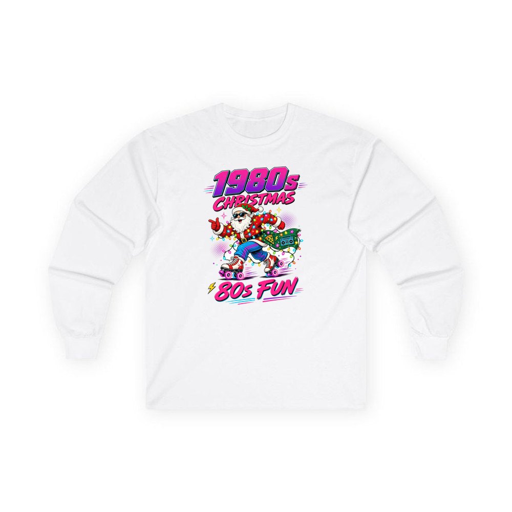 Roller Skating Eighties Santa personalised long sleeve Christmas T-shirt in white