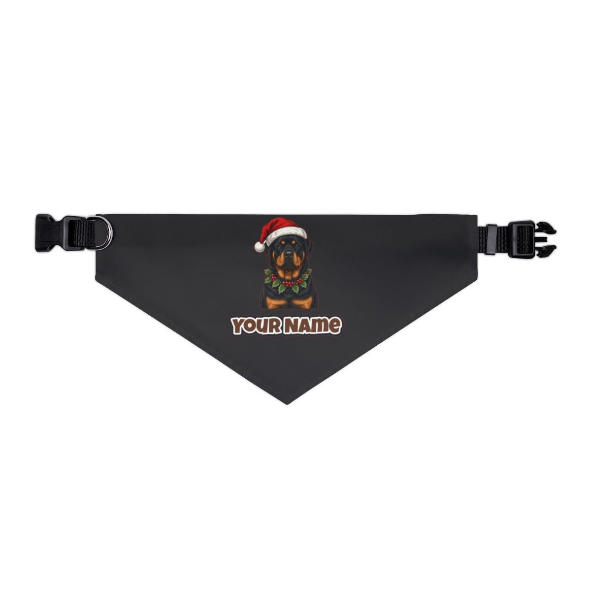 Rottweiler personalised Christmas pet bandana in black, collar with buckle