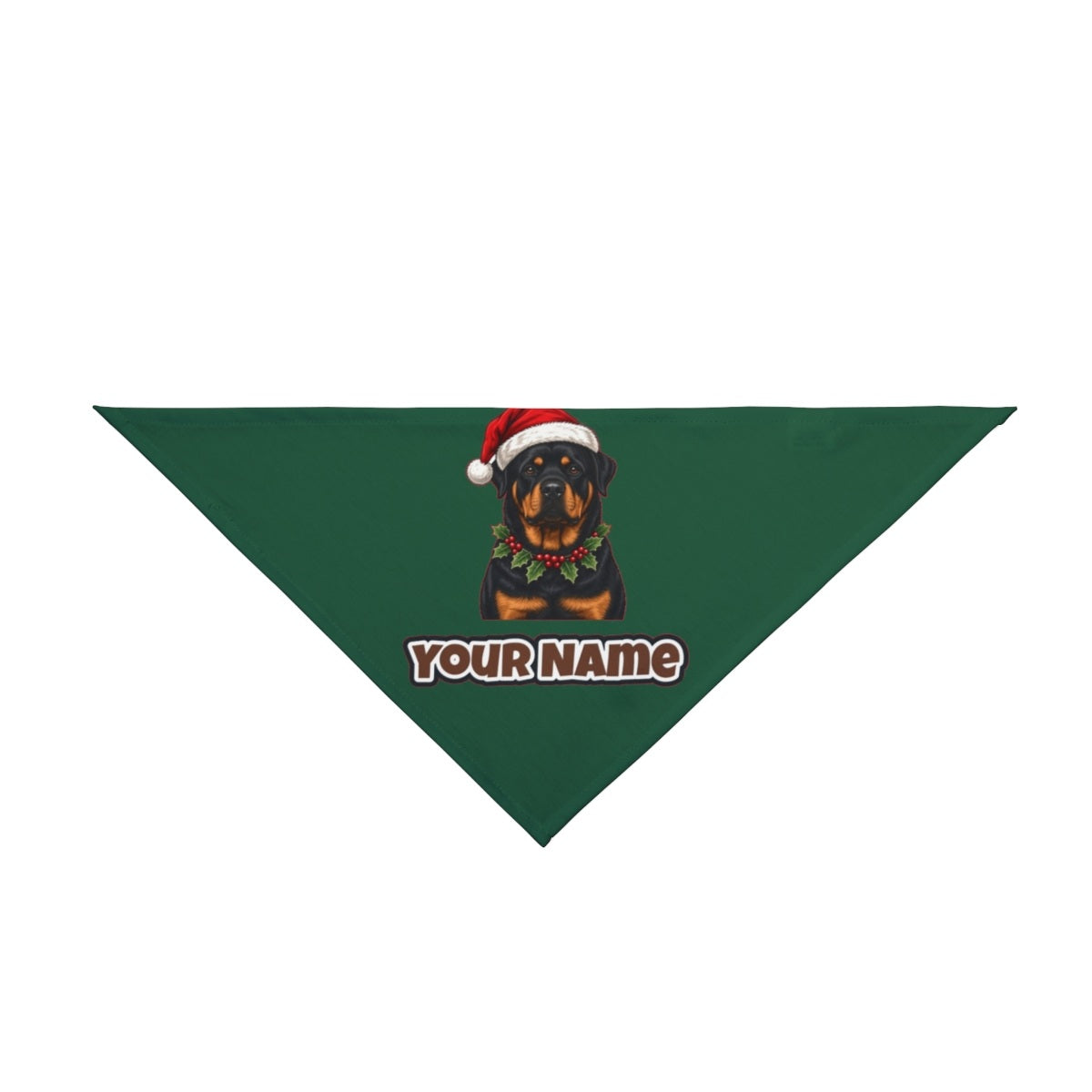 Rottweiler personalised Christmas pet bandana in green, tie-on style