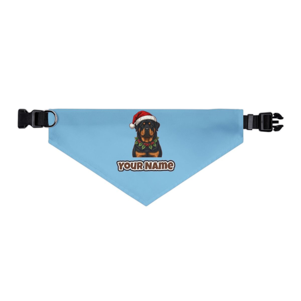 Rottweiler personalised Christmas pet bandana in sky blue, collar with buckle