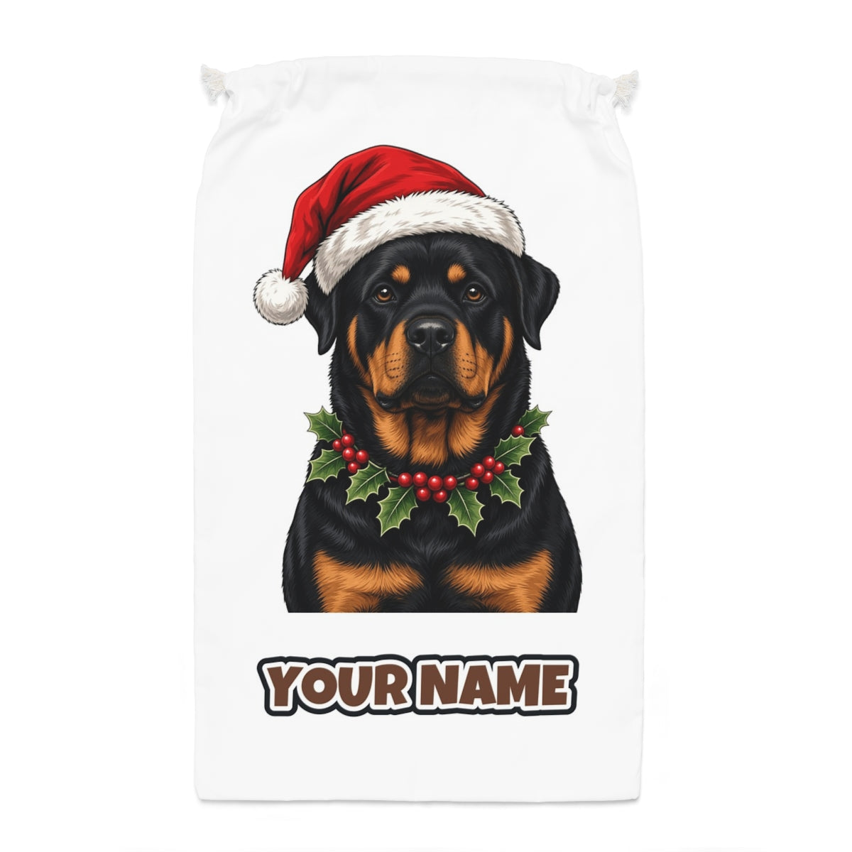 Rottweiler Santa sack laid flat, showing the full print