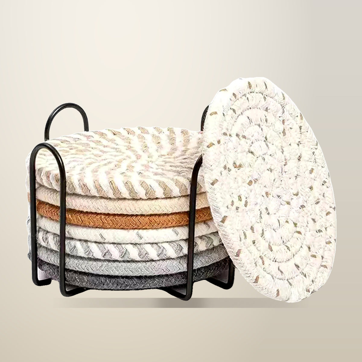 Round Cotton Woven Coasters with Storage Rack, Set of 8, on a plain cream background