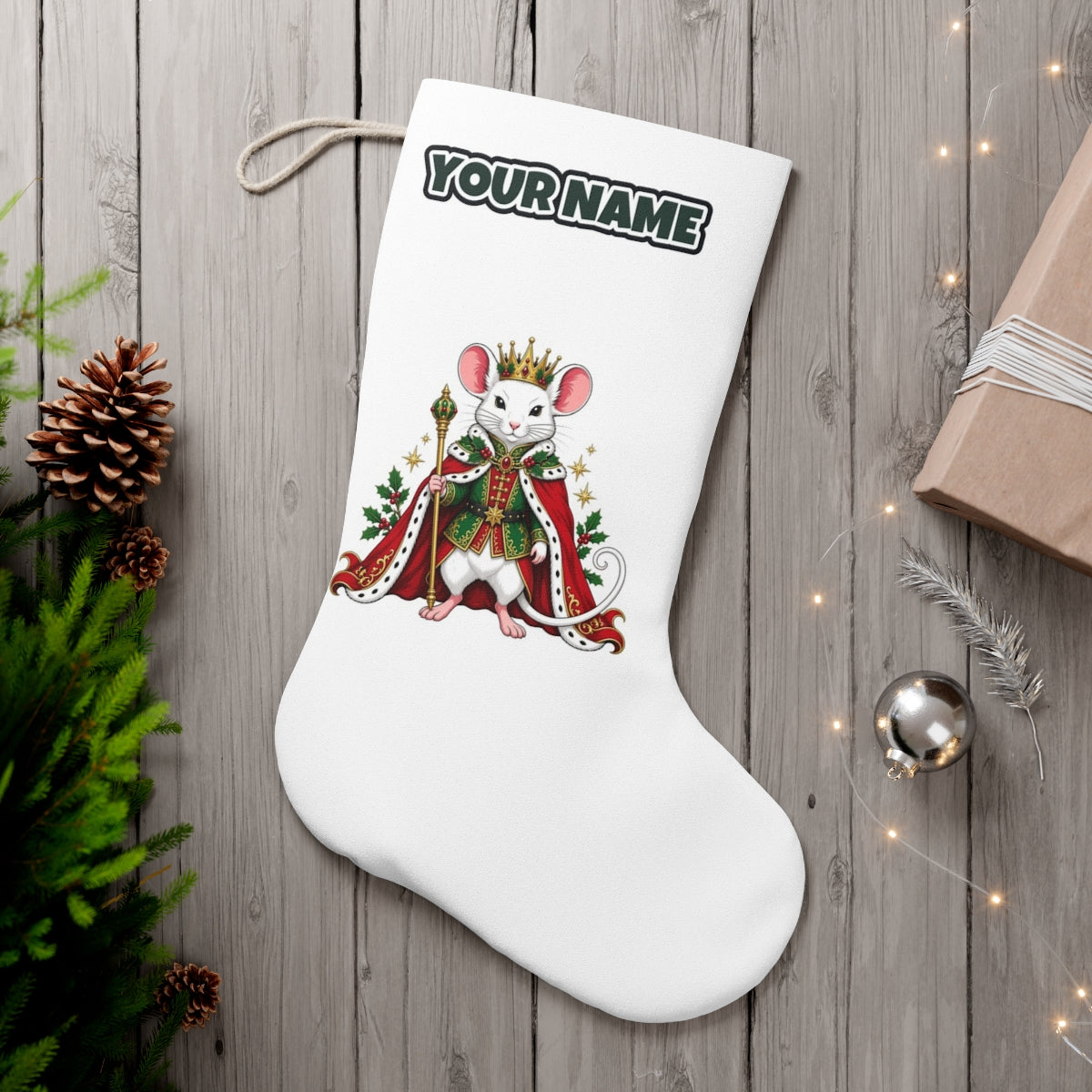 Royal Christmas Mouse personalised Christmas stocking, white, with the name across the top