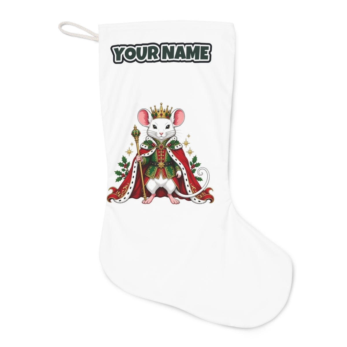 Royal Christmas Mouse Christmas stocking laid flat, showing the full print