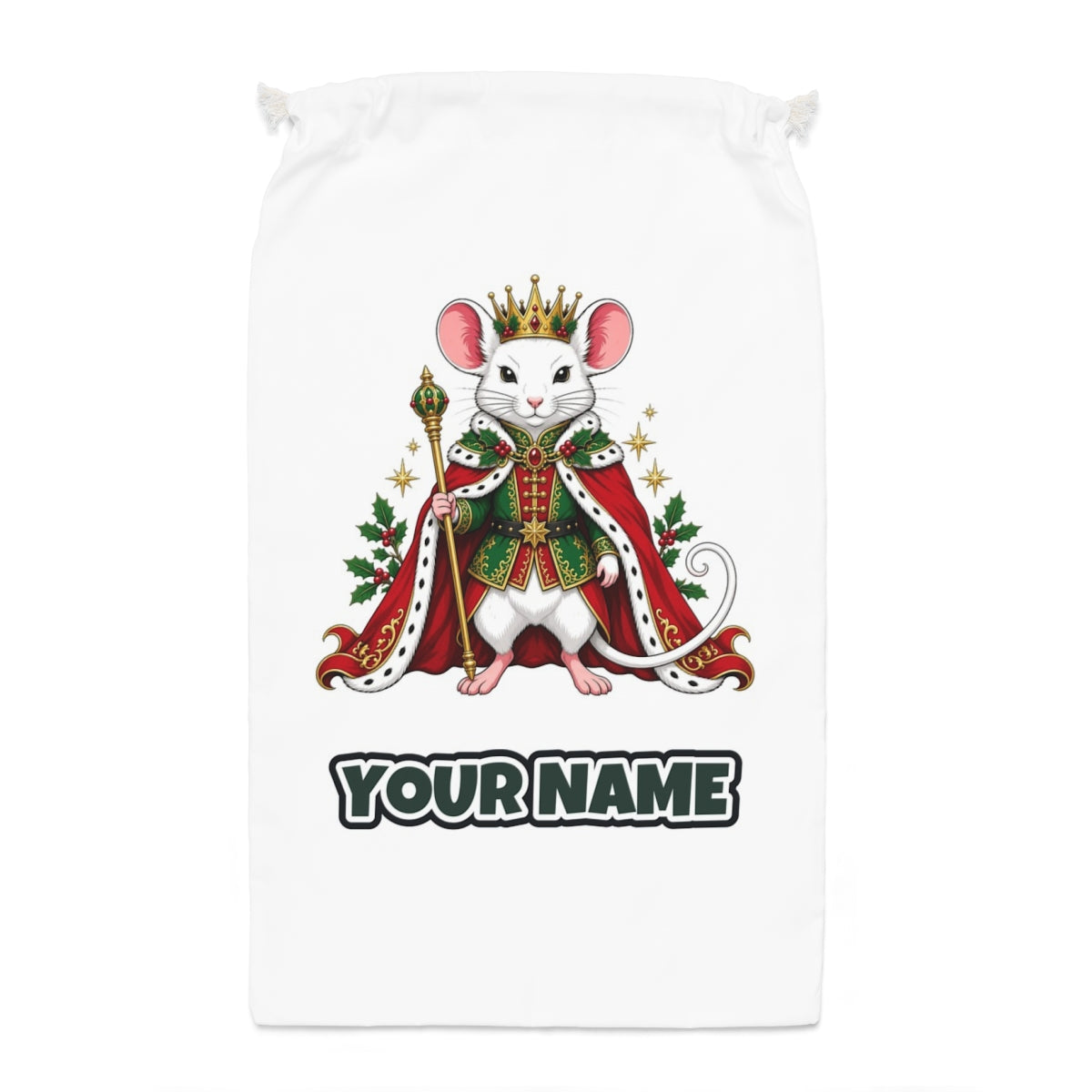 Royal Christmas Mouse Santa sack laid flat, showing the full print