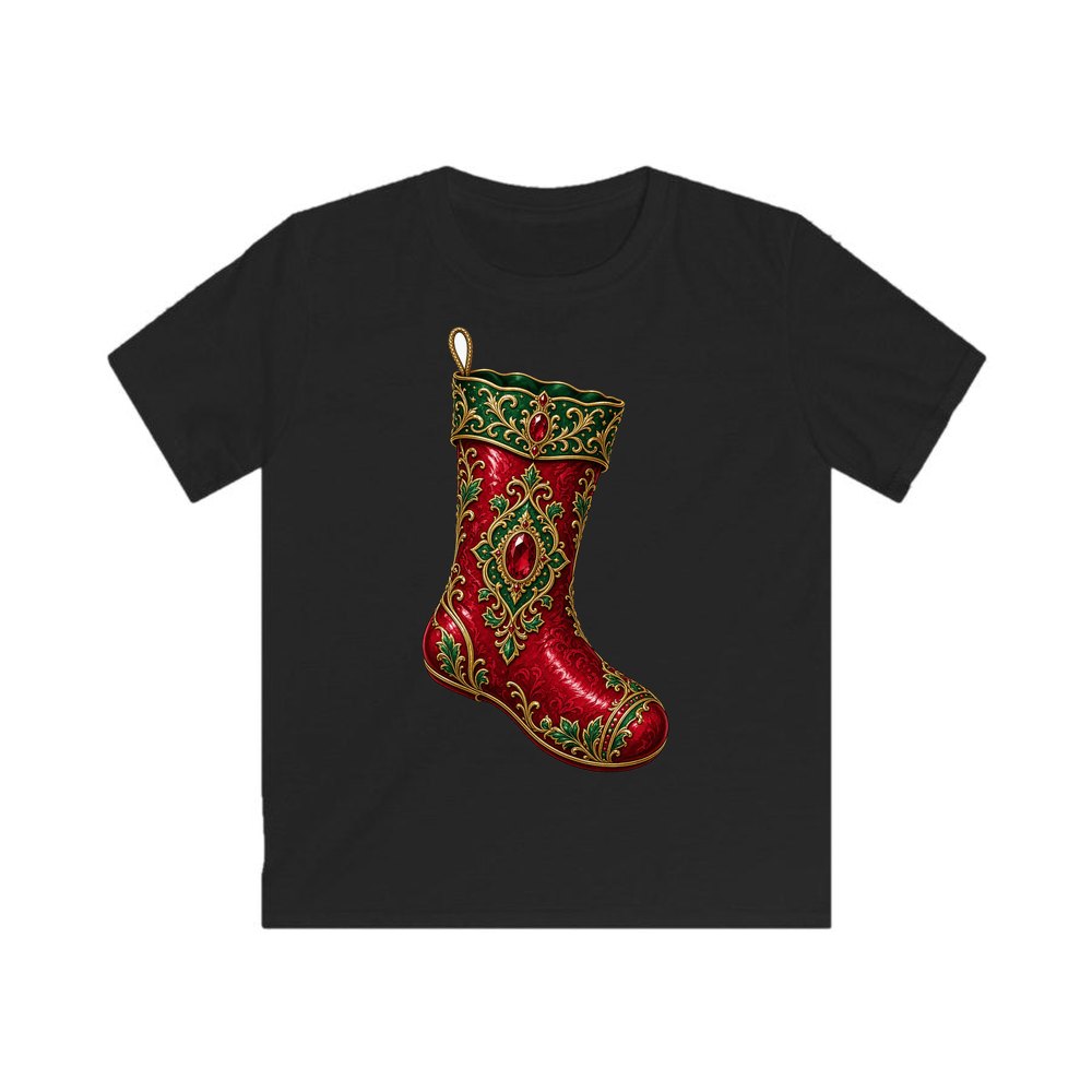 Ruby And Gold Stocking personalised kids Christmas tee in black