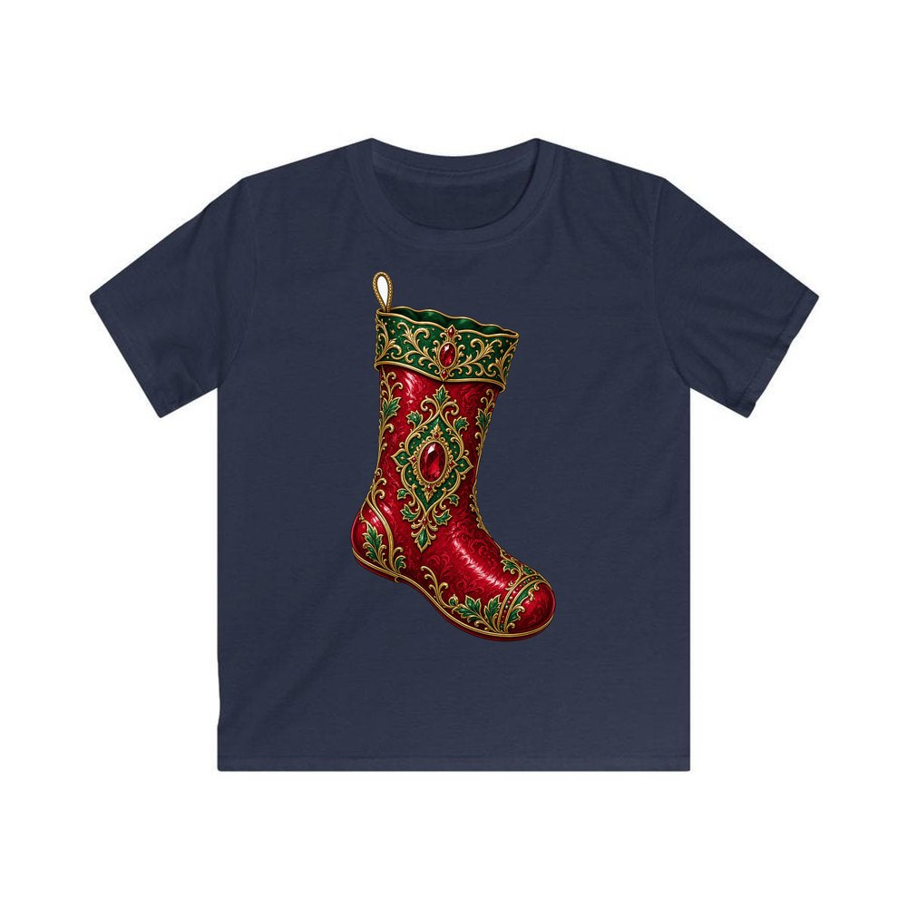 Ruby And Gold Stocking personalised kids Christmas tee in navy