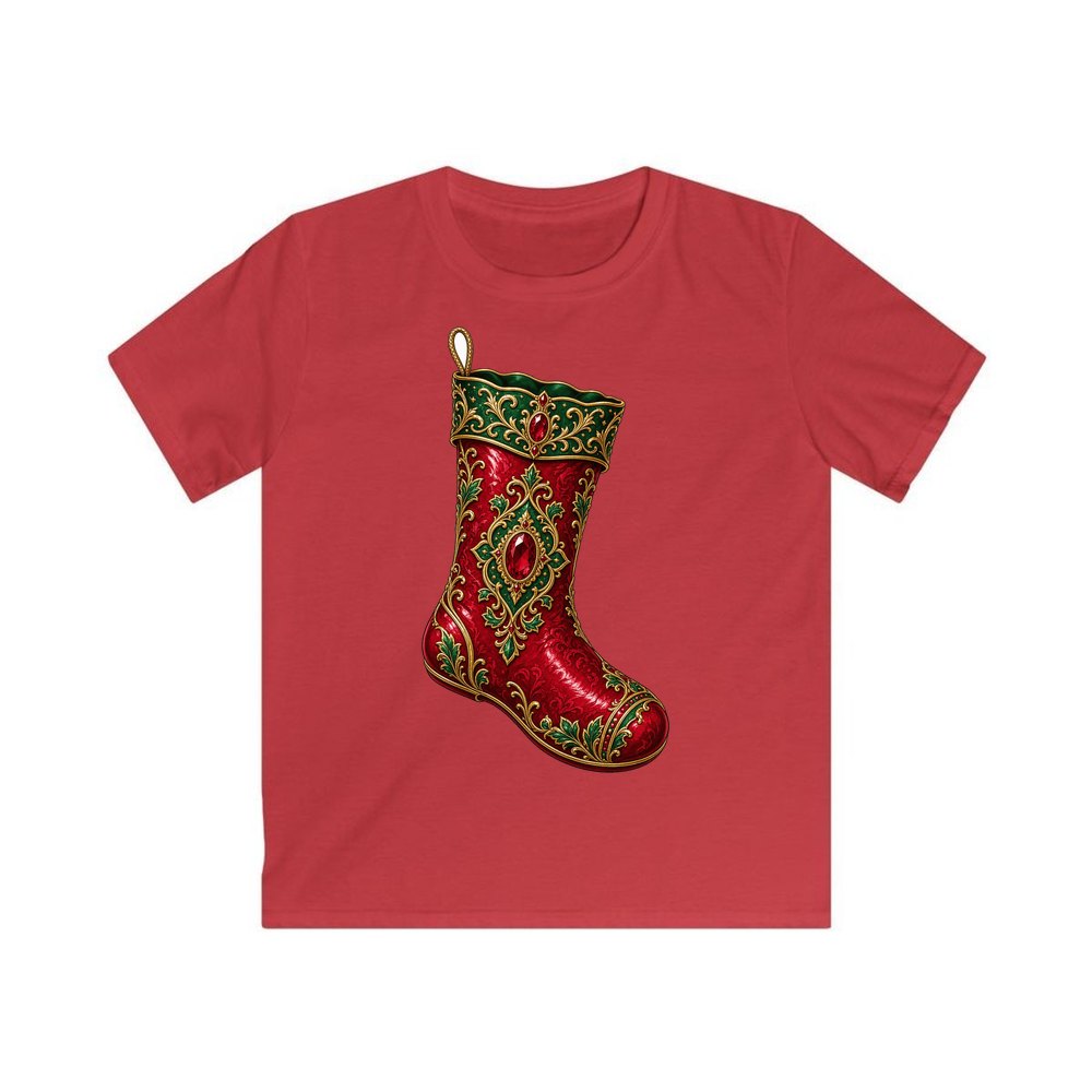 Ruby And Gold Stocking personalised kids Christmas tee in red