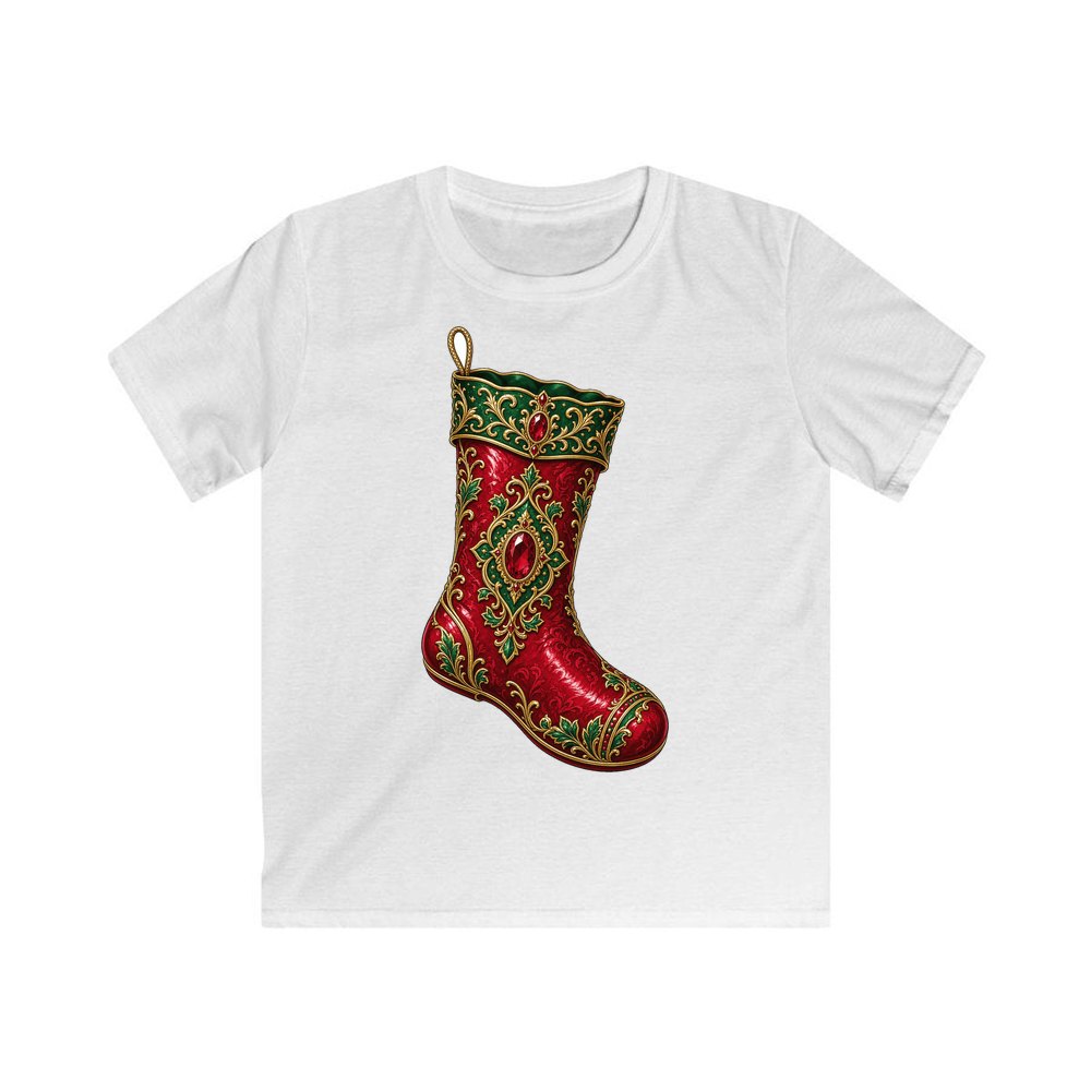 Ruby And Gold Stocking personalised kids Christmas tee in white