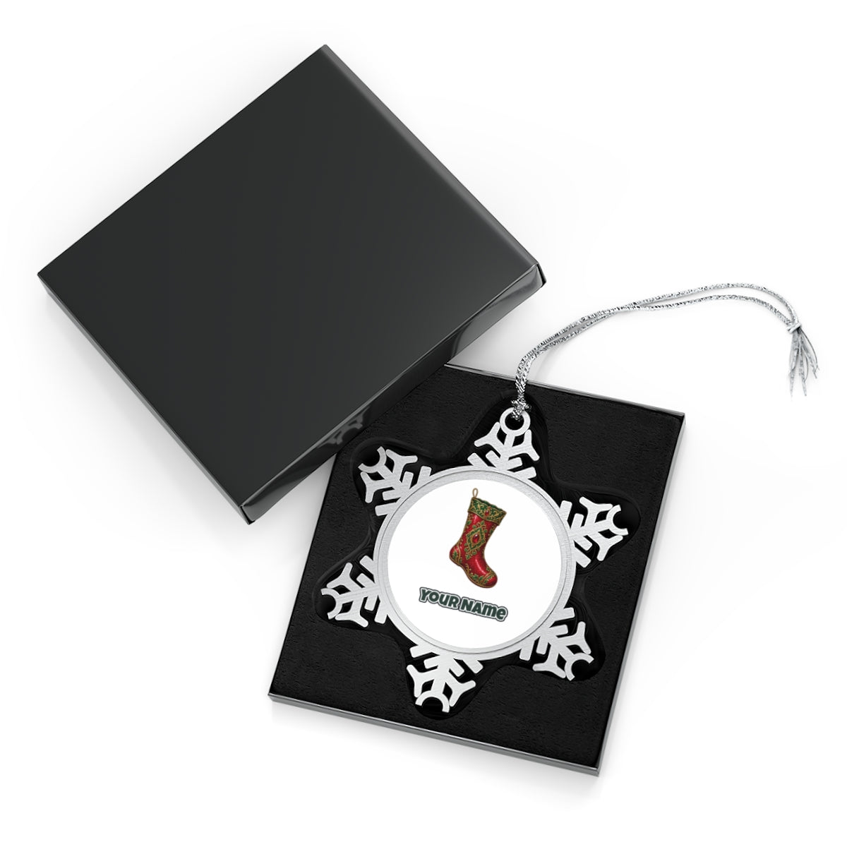 Ruby And Gold Stocking Personalised Pewter Christmas Ornament