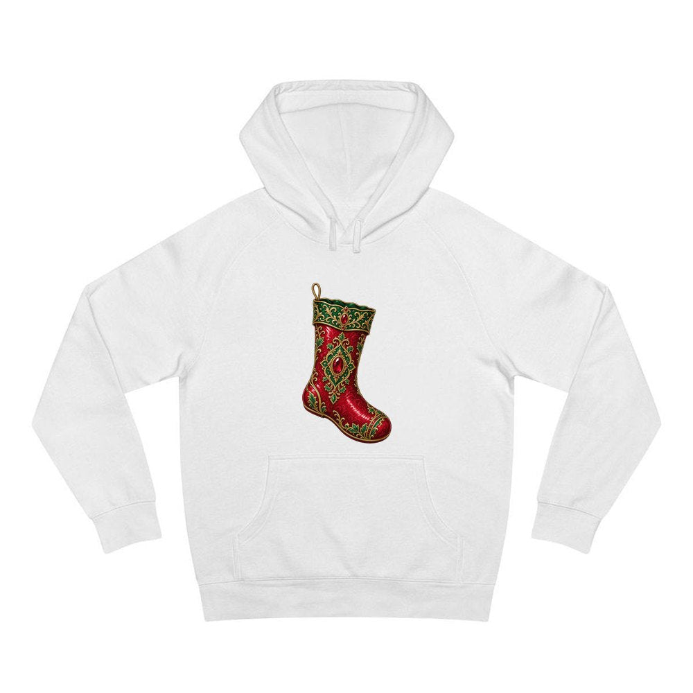 Ruby And Gold Stocking personalised Christmas hoodie in white