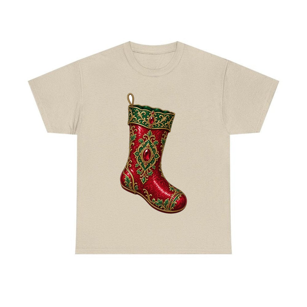 Ruby And Gold Stocking personalised Christmas T-shirt in sand