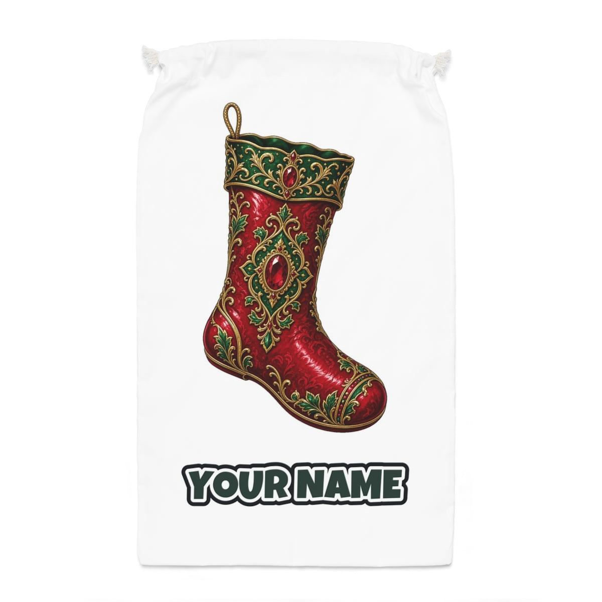 Ruby And Gold Stocking Santa sack laid flat, showing the full print