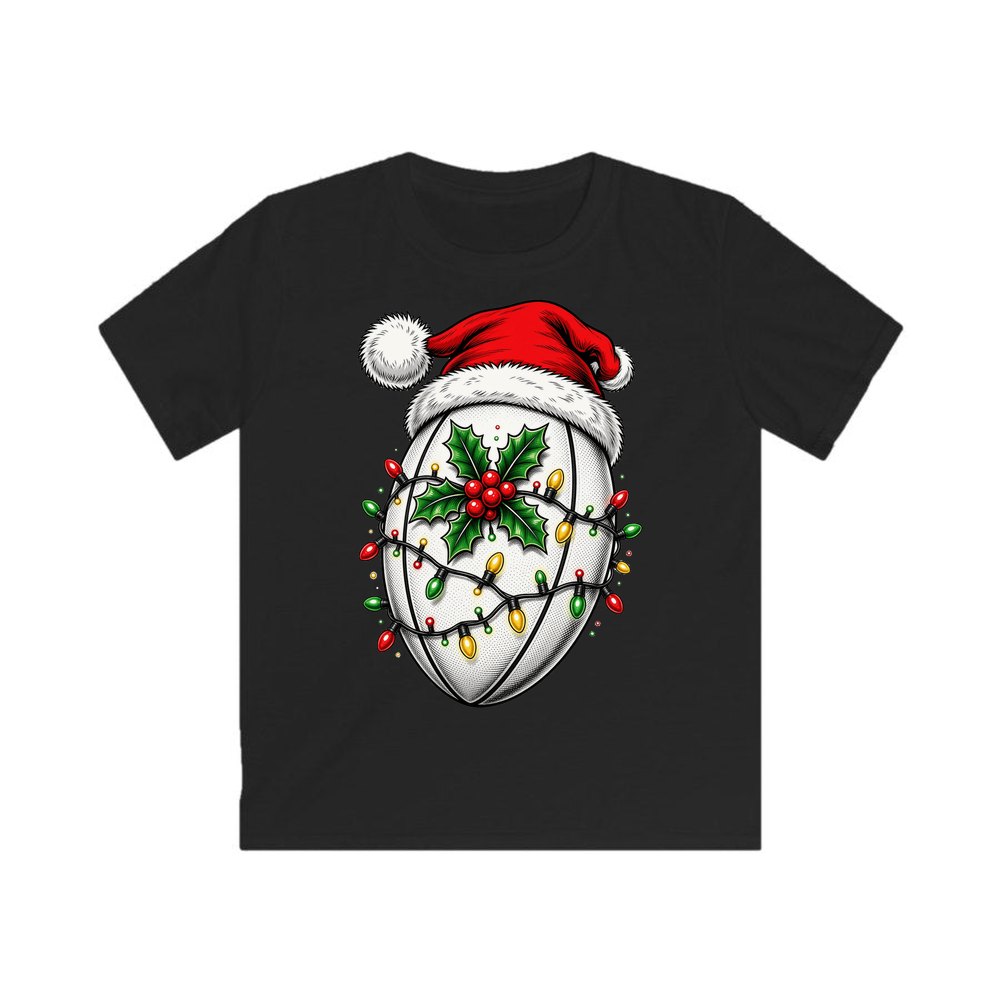 Rugby Ball in Santa Hat personalised kids Christmas tee in black
