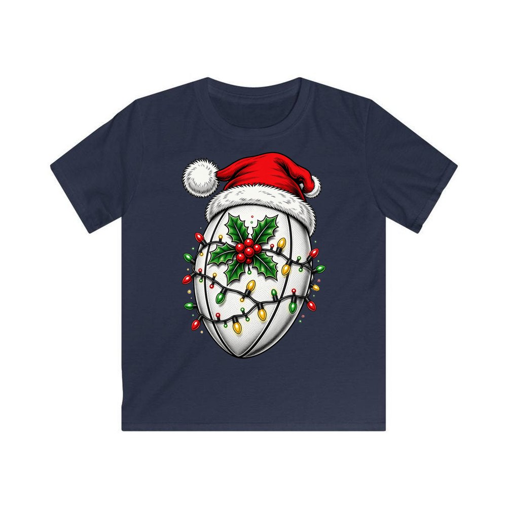 Rugby Ball in Santa Hat personalised kids Christmas tee in navy