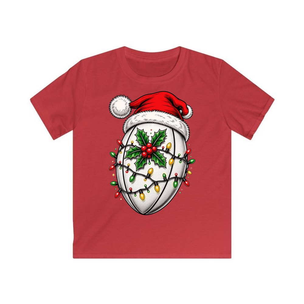 Rugby Ball in Santa Hat personalised kids Christmas tee in red