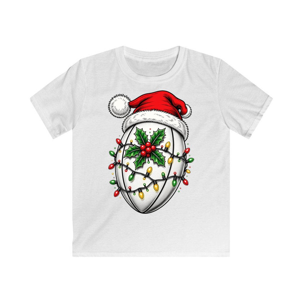Rugby Ball in Santa Hat personalised kids Christmas tee in white