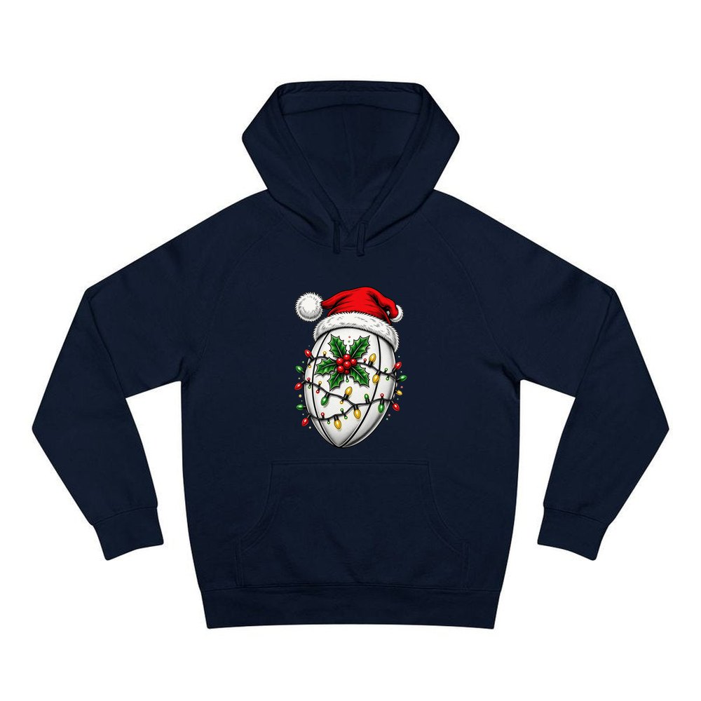 Rugby Ball in Santa Hat personalised Christmas hoodie in navy