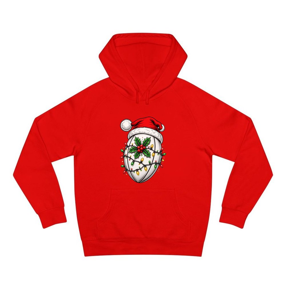 Rugby Ball in Santa Hat personalised Christmas hoodie in red