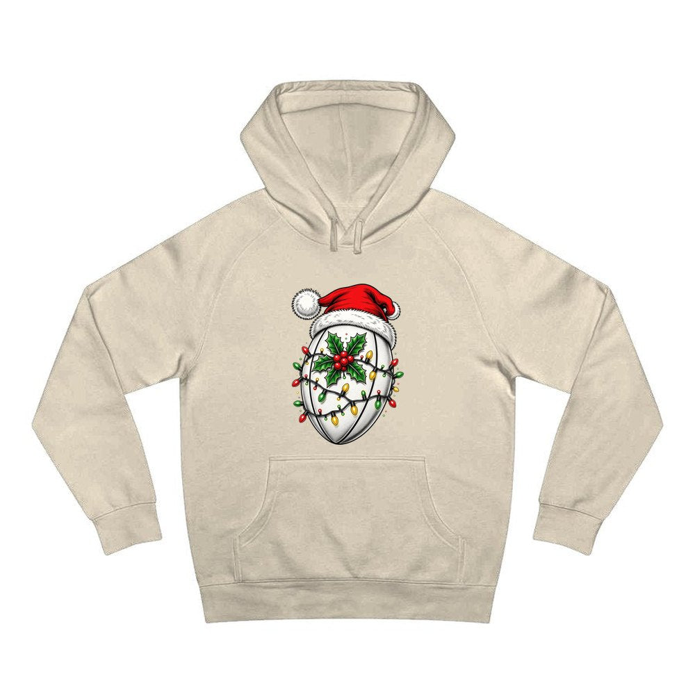 Rugby Ball in Santa Hat personalised Christmas hoodie in sand