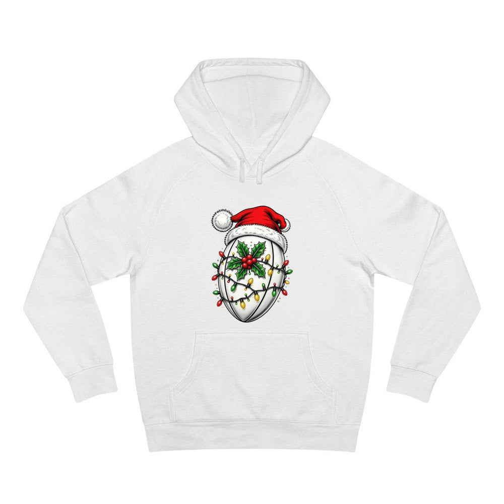 Rugby Ball in Santa Hat personalised Christmas hoodie in white