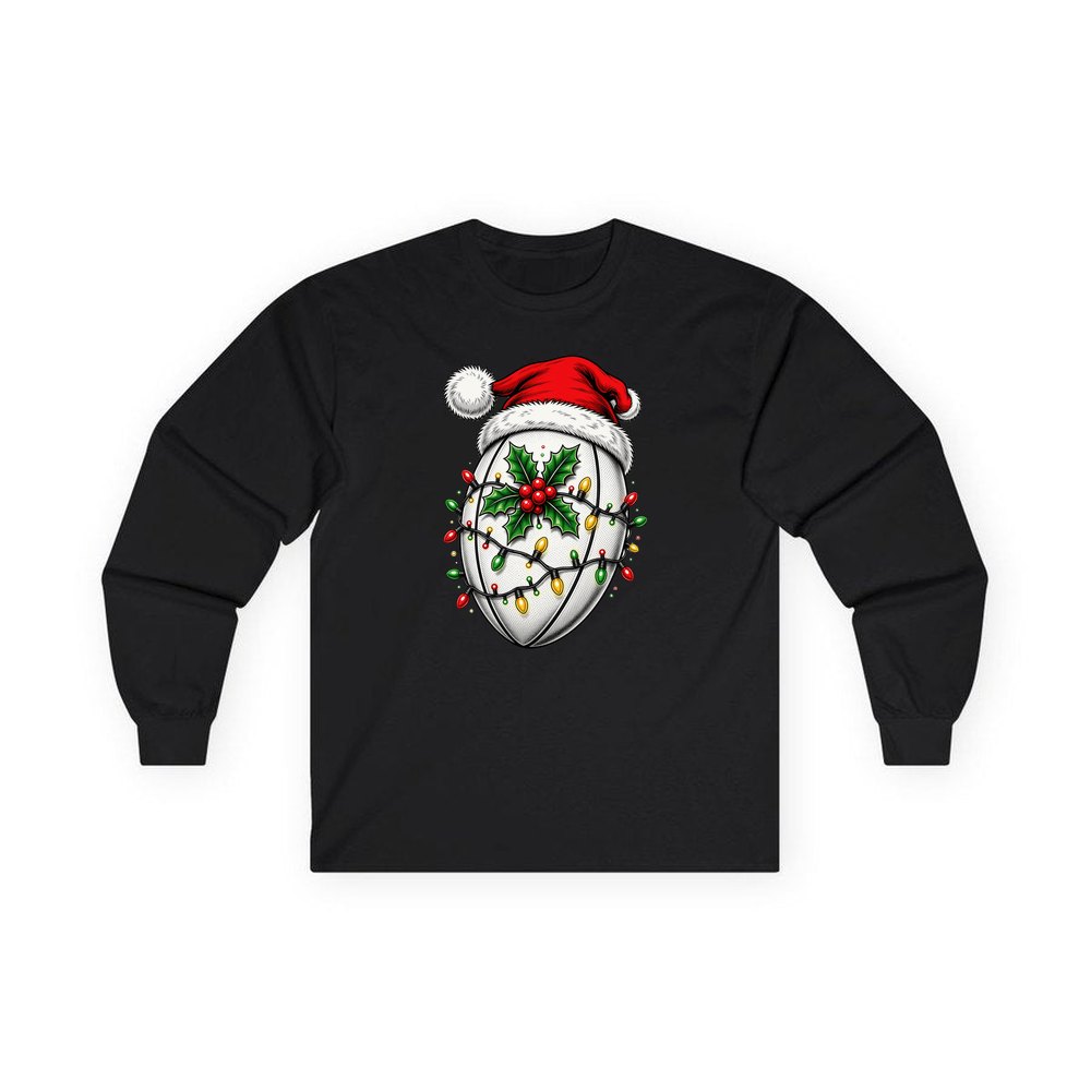 Rugby Ball in Santa Hat personalised long sleeve Christmas T-shirt in black