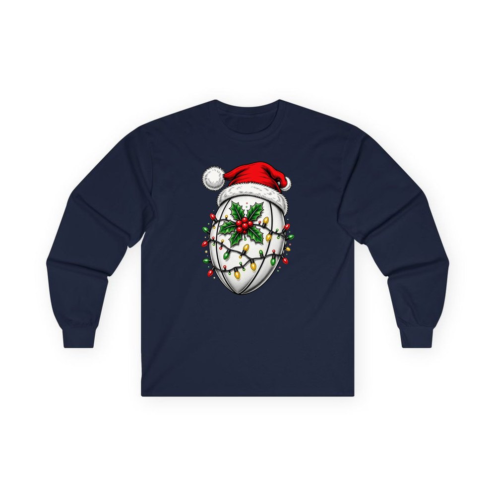 Rugby Ball in Santa Hat personalised long sleeve Christmas T-shirt in navy