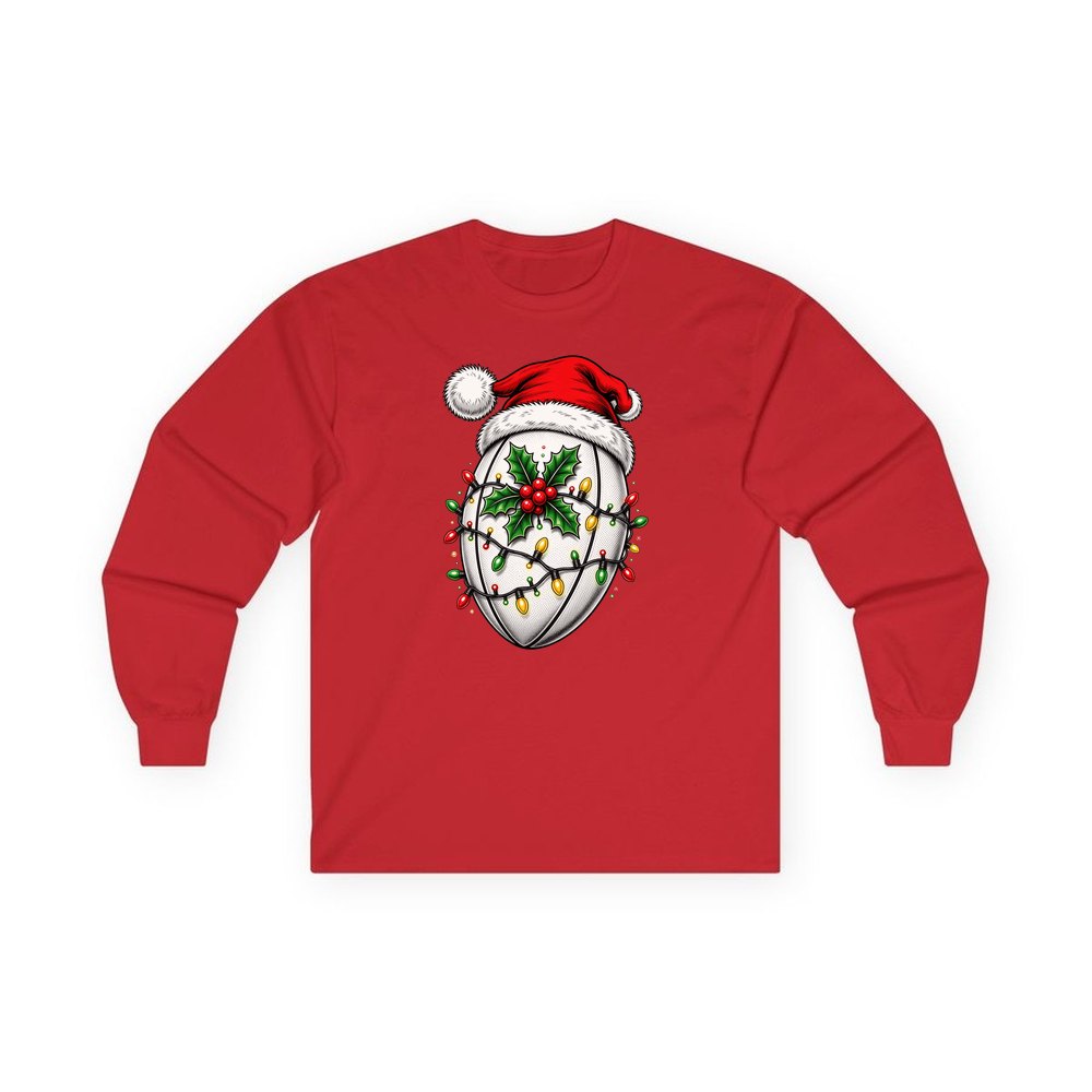 Rugby Ball in Santa Hat personalised long sleeve Christmas T-shirt in red