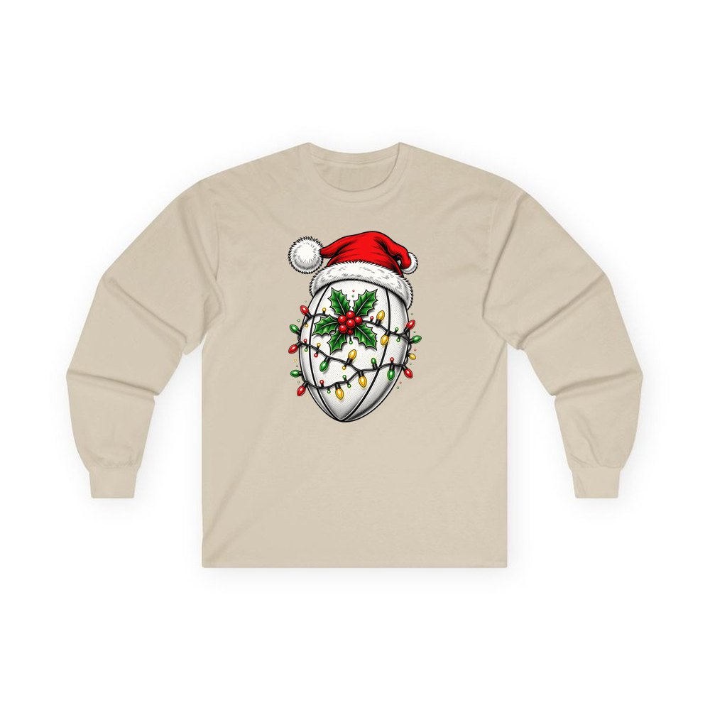 Rugby Ball in Santa Hat personalised long sleeve Christmas T-shirt in sand