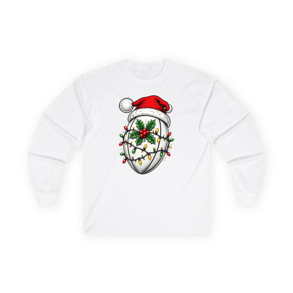 Rugby Ball in Santa Hat personalised long sleeve Christmas T-shirt in white