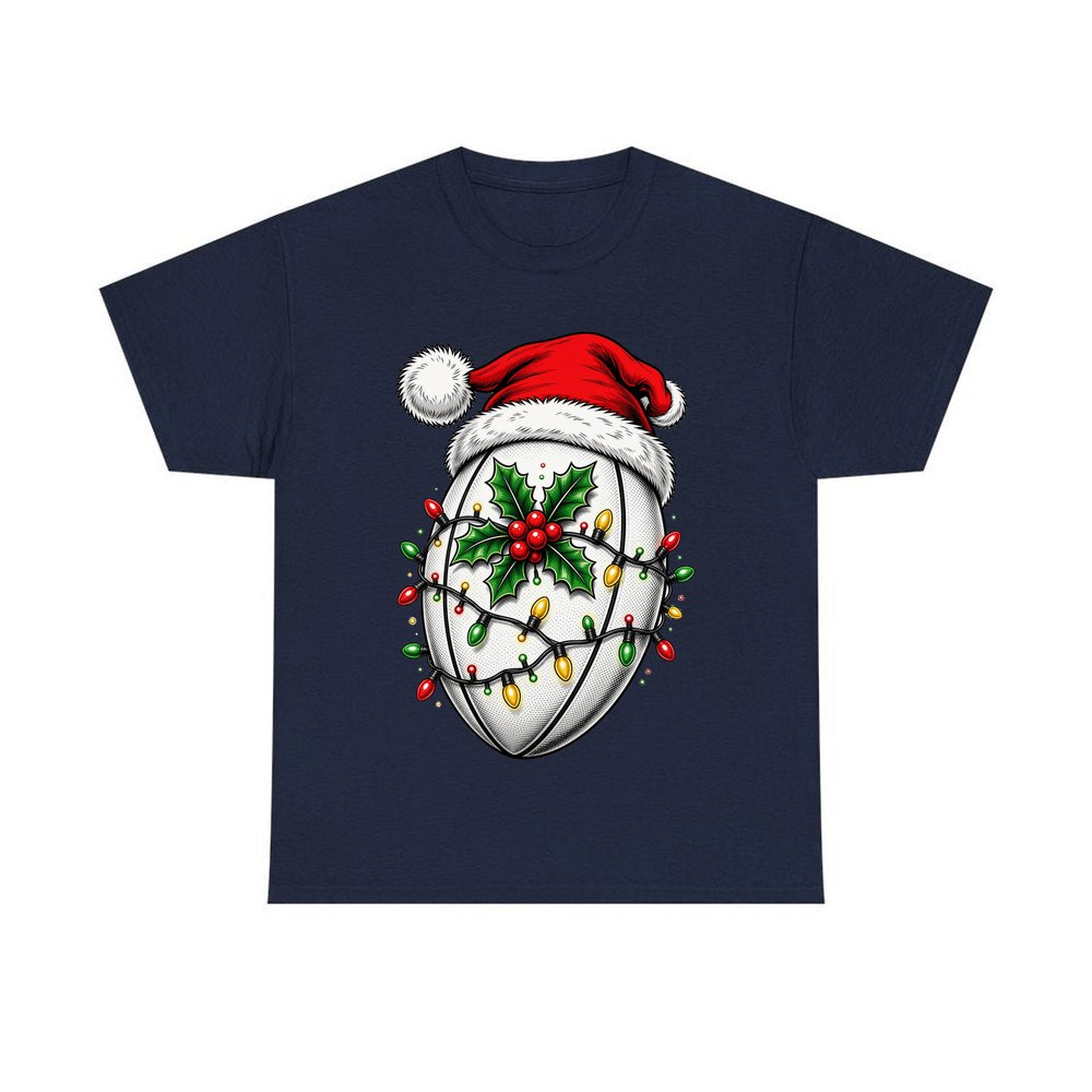 Rugby Ball in Santa Hat personalised Christmas T-shirt in navy