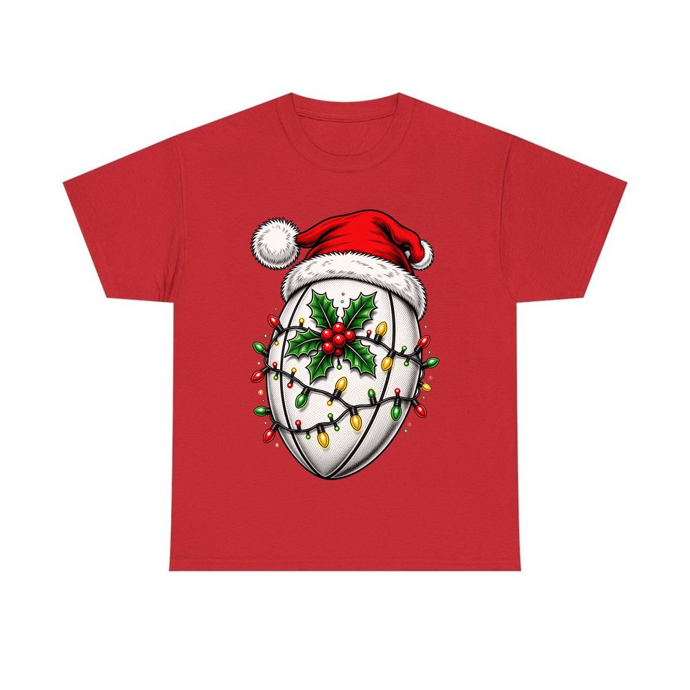 Rugby Ball in Santa Hat personalised Christmas T-shirt in red