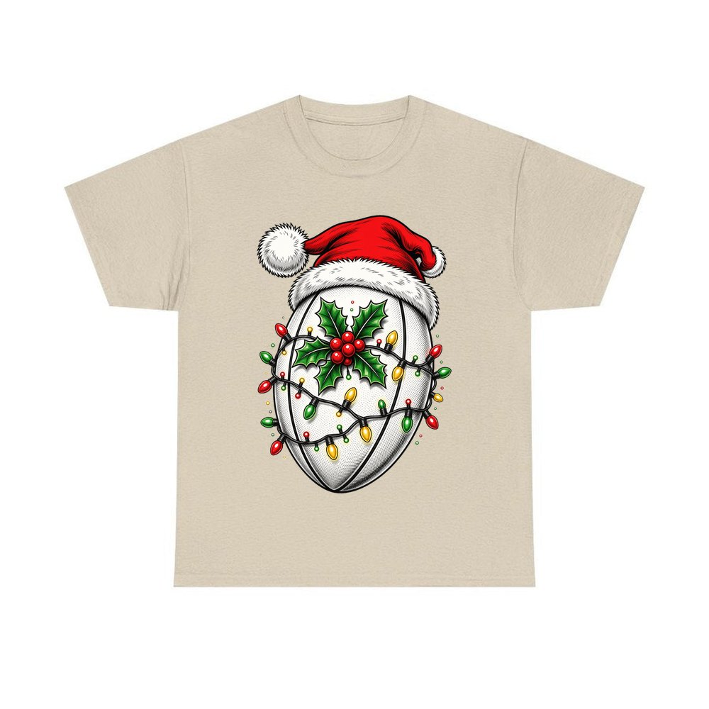 Rugby Ball in Santa Hat personalised Christmas T-shirt in sand