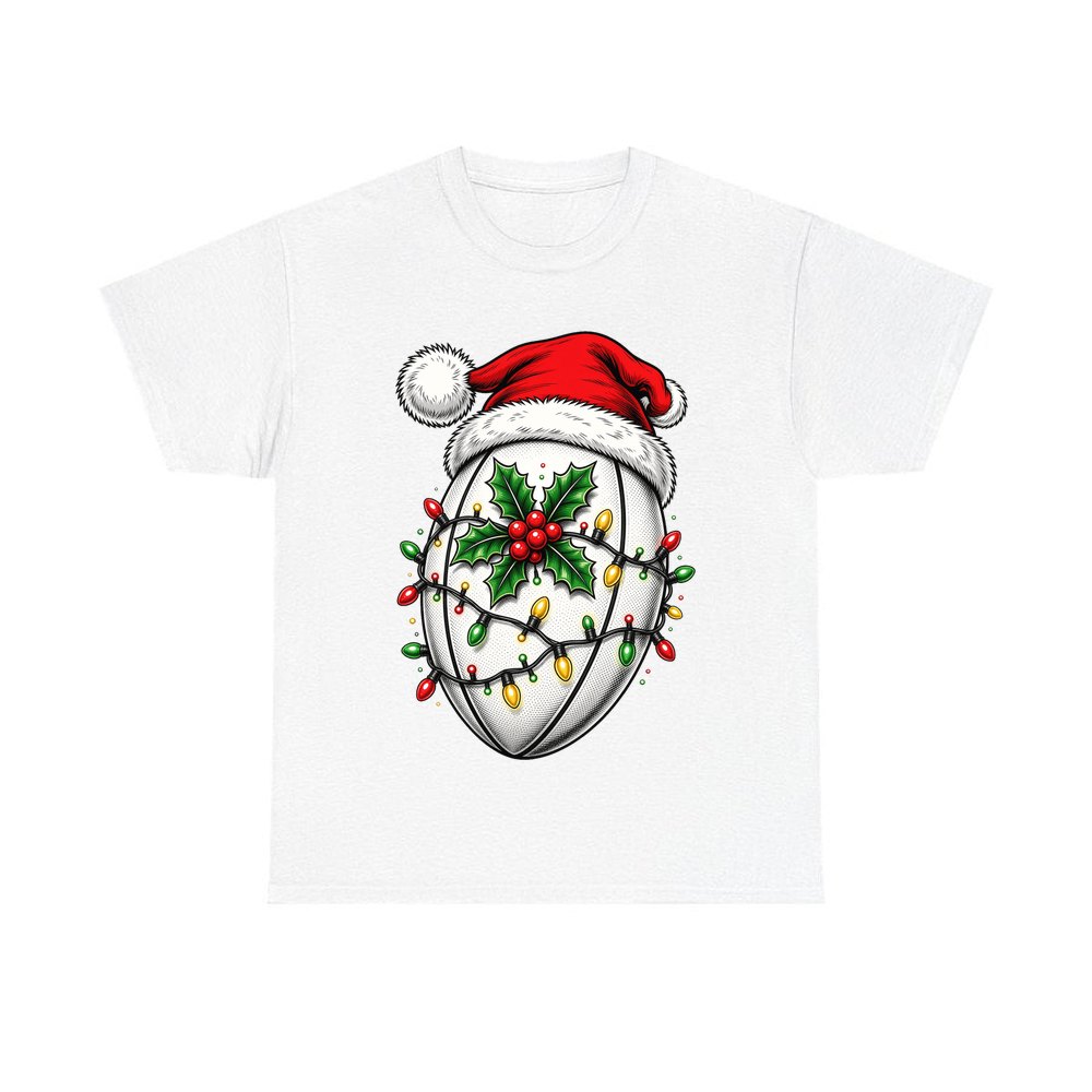 Rugby Ball in Santa Hat personalised Christmas T-shirt in white