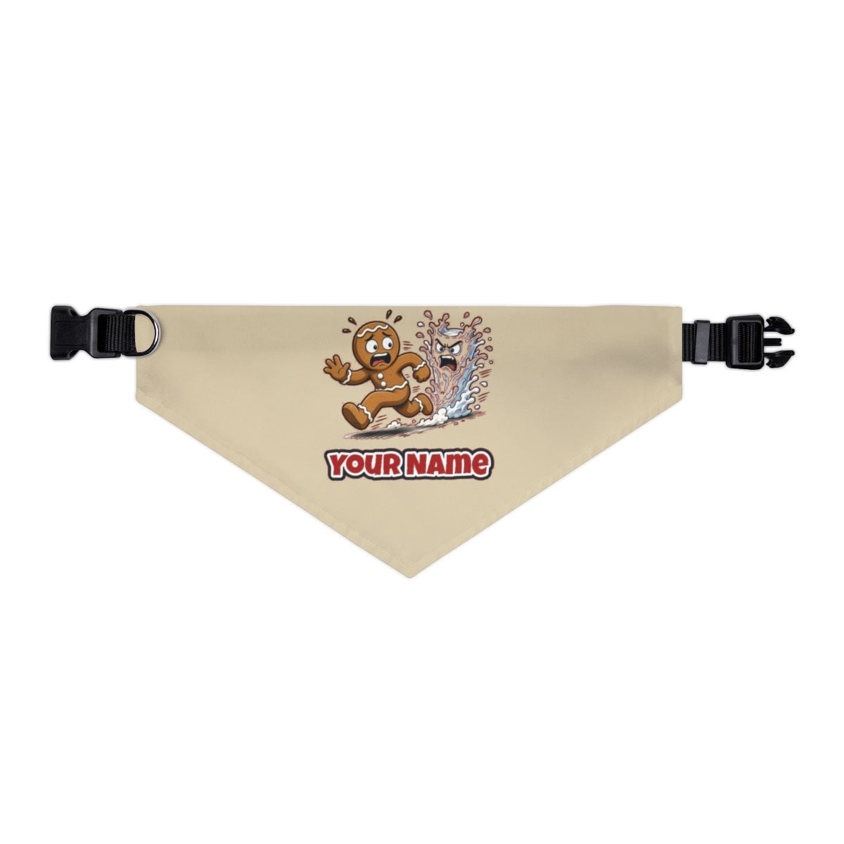 Run, Gingerbread, Run personalised Christmas pet bandana in beige, collar with buckle