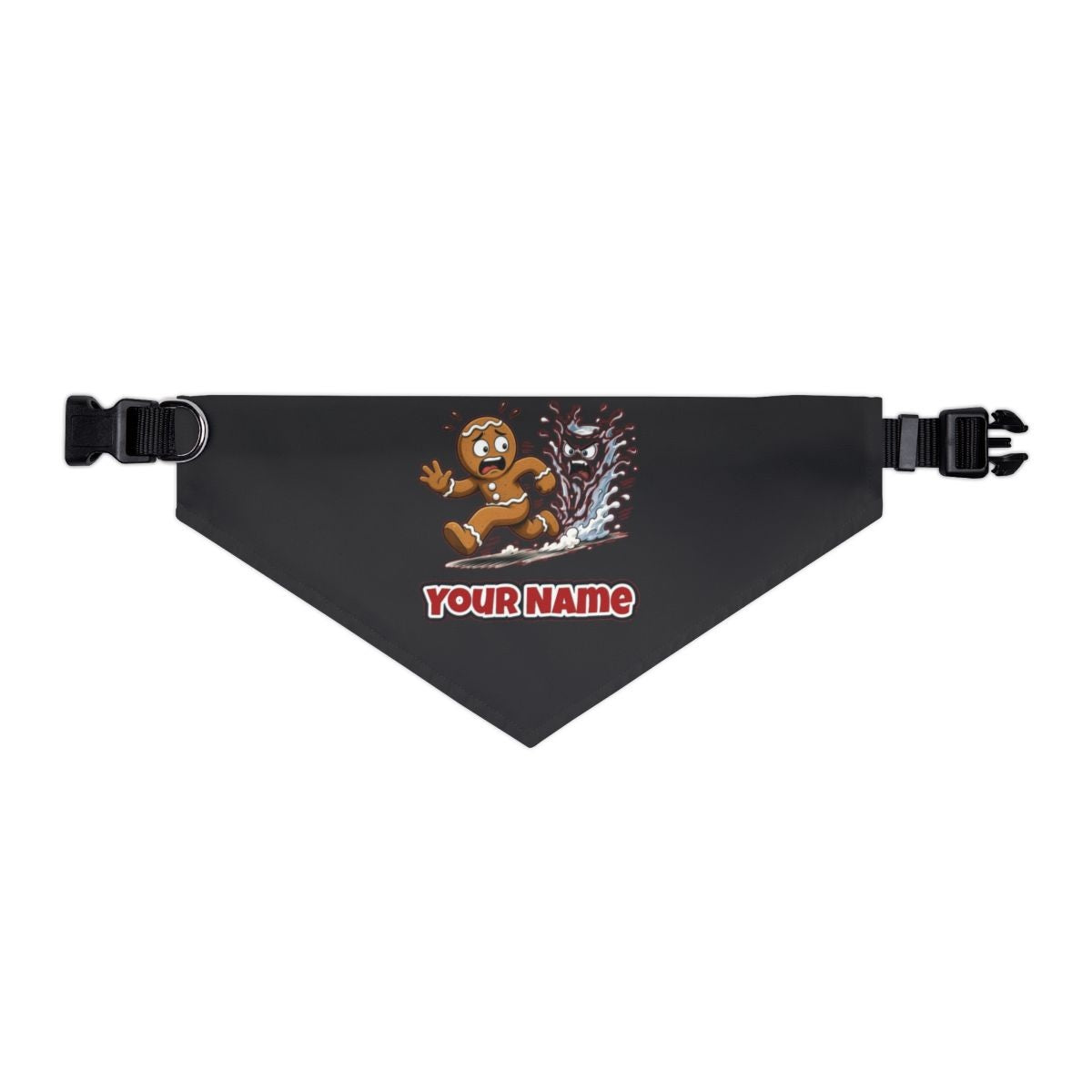 Run, Gingerbread, Run personalised Christmas pet bandana in black, collar with buckle